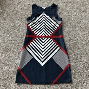 AA Studio Dress Womens 12 Blue Geometric Print Sleeveless Knit Shift Knee Length
